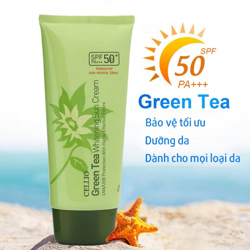 Kem chống nắng trà xanh Cellio 💖FREESHIP💖Green Tea Whitening Sun Cream SPF 50+ Chính hãng Hàn Quốc Bảo Vệ Tuyệt Đối Làn