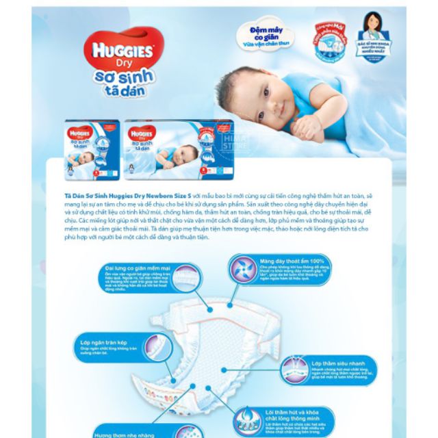 [Tặng 1 Tã Quần] Tã dán sơ sinh Huggies Dry Newborn S56 - HSD luôn mới