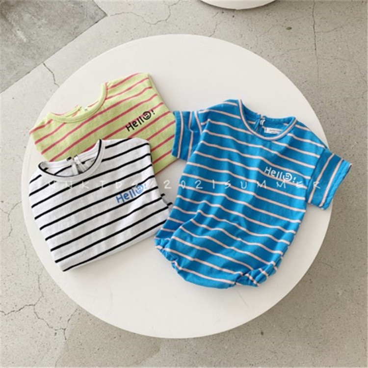 Bộ Áo Liền Quần Tay Ngắn Dáng Rộng Họa Tiết Kẻ Sọc Thời Trang Mùa Hè Phong Cách Hàn Quốc Cho Bé Sơ Sinh