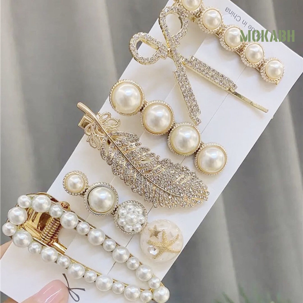 Set 6 Kẹp Tóc Hình Lông Vũ Đính Ngọc Trai Giả Thanh Lịch
