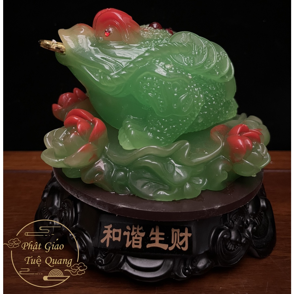 Cóc ( Thiềm Thừ ) Ngậm Đồng Tiền #27 Ngồi Trên Hoa Mẫu Đơn Đế gỗ  - Phật Giáo Tuệ Quang