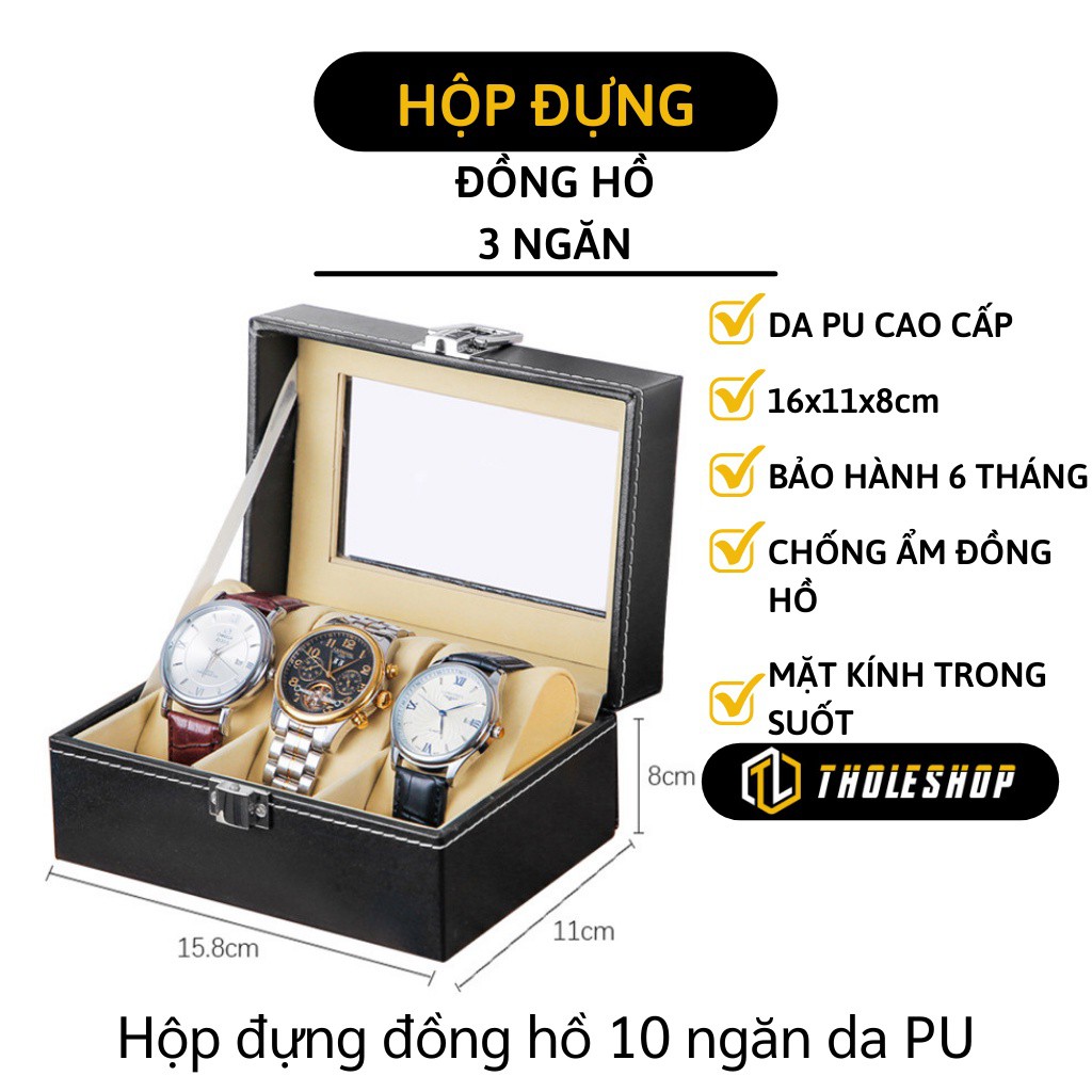 Hộp đựng đồng hồ - Hộp bảo quản đồng hồ 3 ngăn 10 ngăn, có khóa bảo vệ, bề mặt trên có lớp nhựa kính 8748