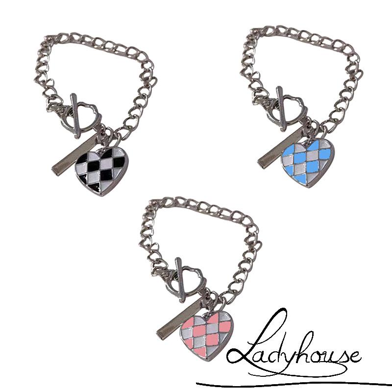 Vòng đeo tay chuỗi xích thiết kế mặt trái tim họa tiết kẻ sọc ca rô dành cho nữ mẹ bạn gái con gái