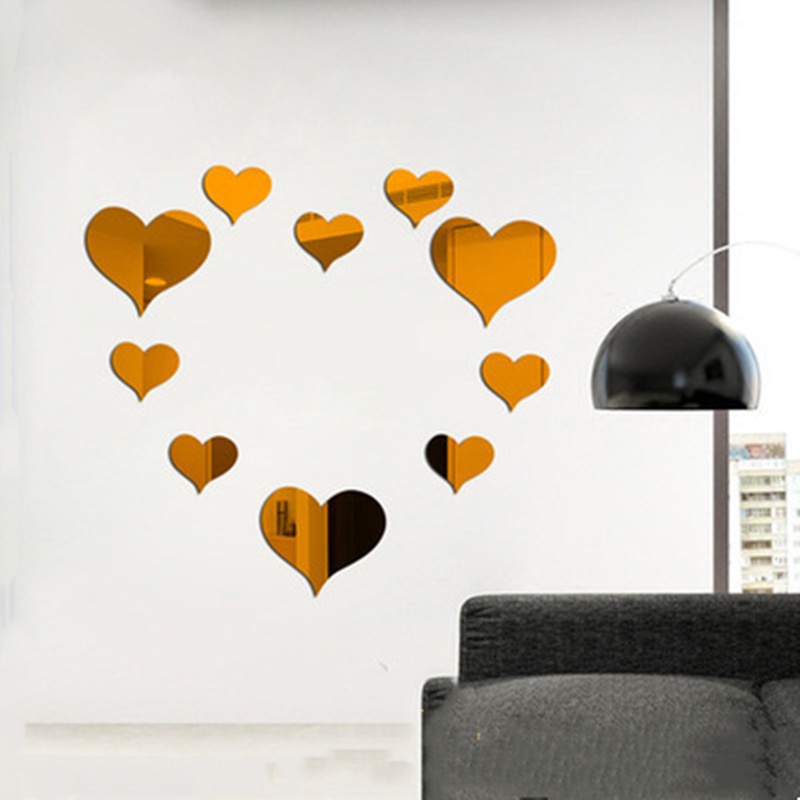 Bộ 10 miếng acrylic dán tường trang trí nội thất hình trái tim 3D DIY