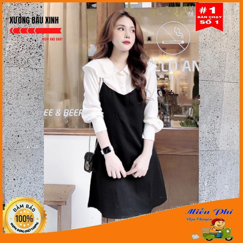 Váy bầu thời trang thiết kế cổ bèo tay dài M153 chất lụa hàn châu freesize từ 45 đến 70kg