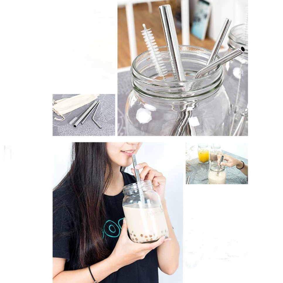 Bộ 5 ống hút inox kèm cọ rửa làm từ thép không sét có túi vải bố trắng để đem theo rất tiện dụng | BigBuy360 - bigbuy360.vn