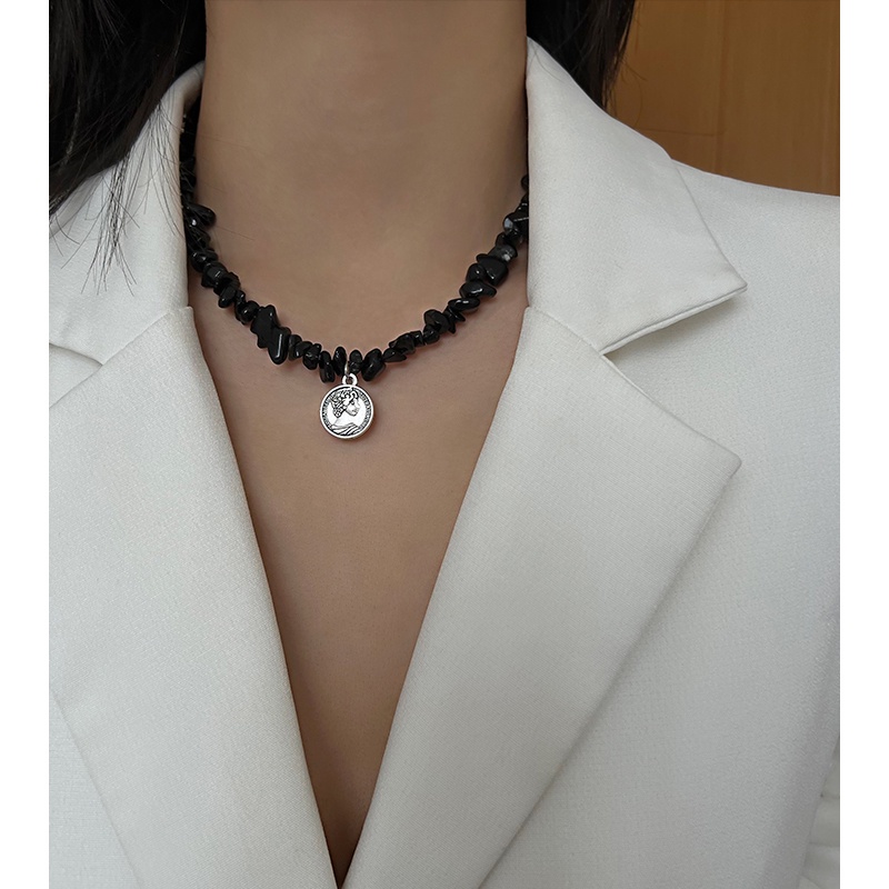 Vòng cổ Mặt Tròn Màu Đen Phong Cách hip hop Thời Trang