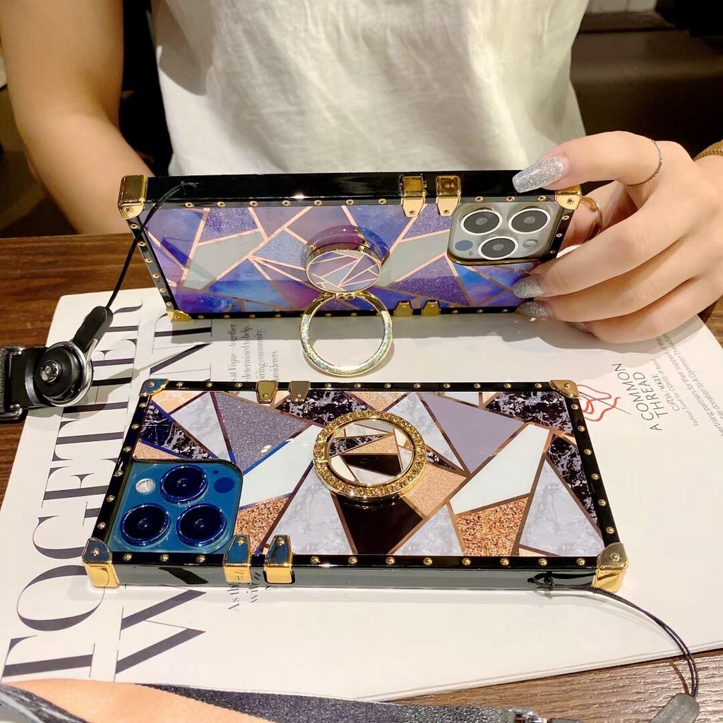 Ốp Điện Thoại Viền Vuông Kim Tuyến Có Vòng Đỡ + Dây Đeo Cho iPhone 6 6S 7 8 Plus X XS Max XR 13 12 Mini 11 Pro Max