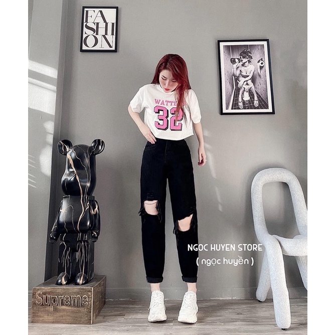 Quần jean bagy nữ rách gối lỗ bên hot nhất H.N.M STORE