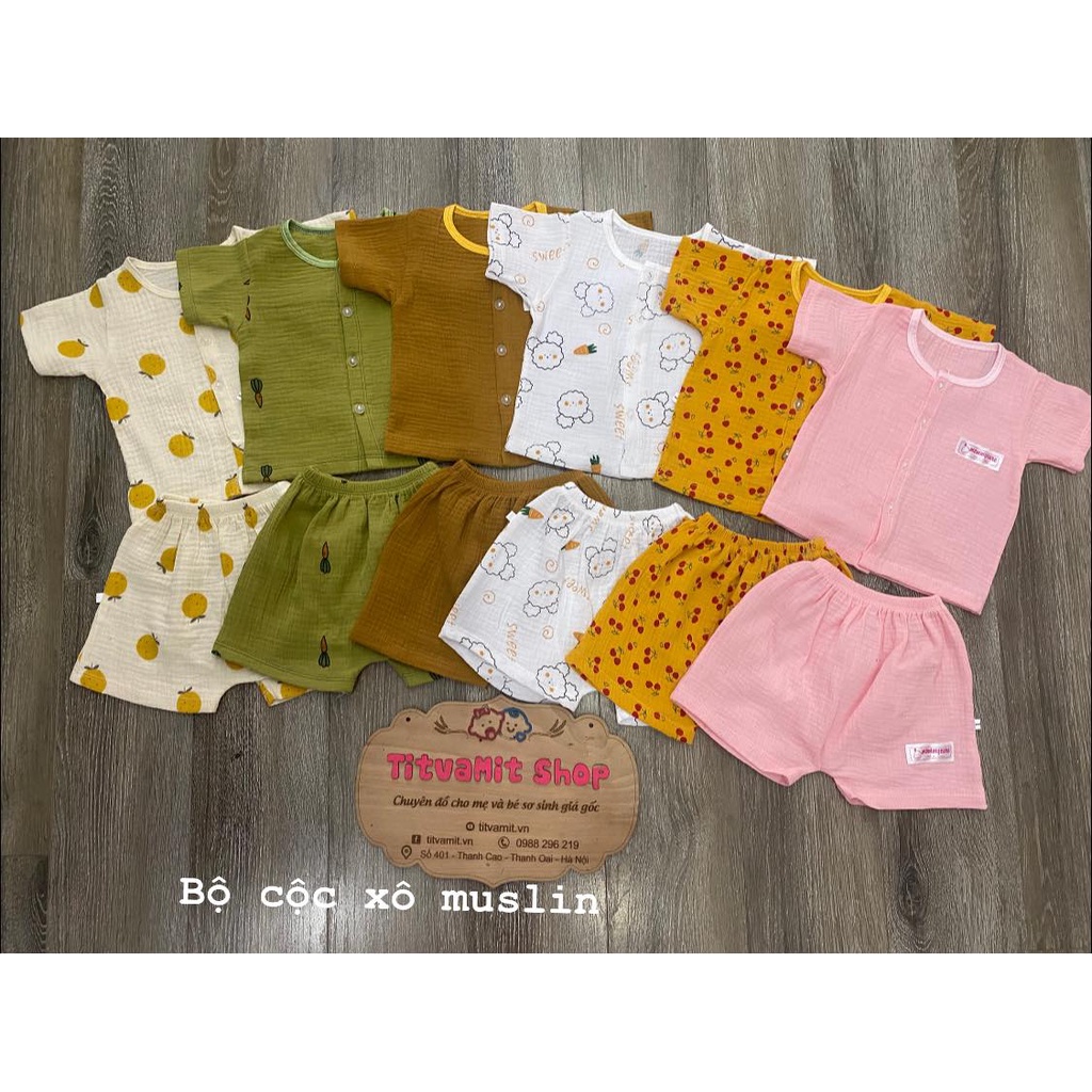 Bộ cộc cúc giữa vải Xô Muslin, Bộ cộc xô muslin cho bé gái bé trai