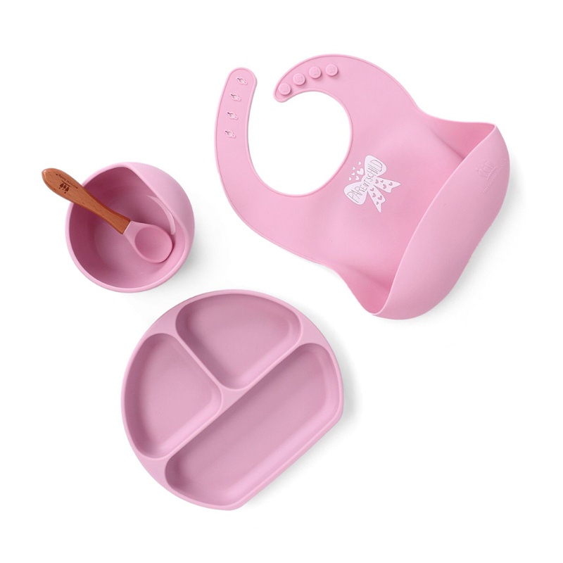Bộ 4 Món Gồm Yếm Ăn + Đĩa + Muỗng + Yếm Ăn Bằng Silicone Chống Nước Cho Bé Sơ Sinh