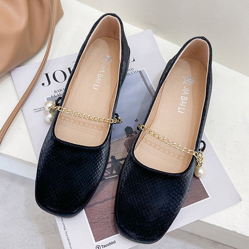 Giày cao gót IELGY mũi vuông đính ngọc trai dây xích phong cách Hàn Quốc