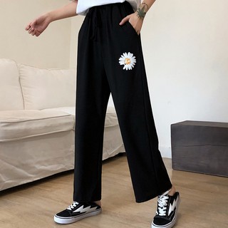Quần ống rộng nữ thêu hoa cúc siêu dài chân, chất thun màu đen VCT