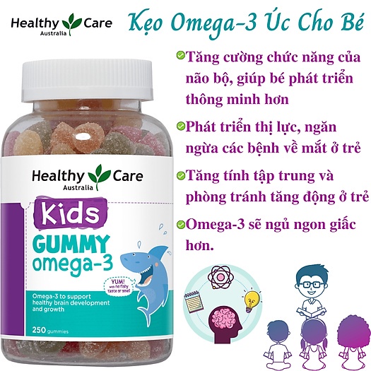 Kẹo dẻo bổ mắt Healthy Care Kids Gummy Omega 3 phát triển trí não cho trẻ từ 2 tuổi 250 viên Maxwell