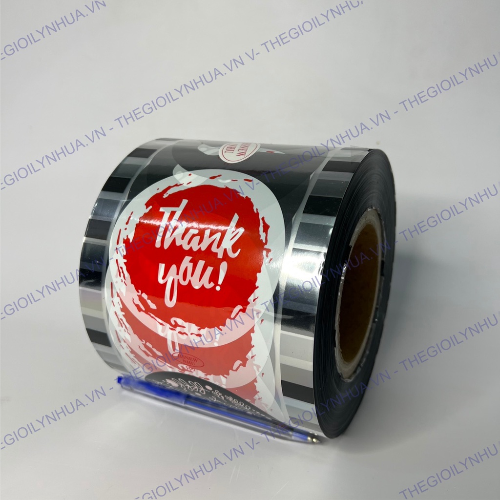 Màng dập ly nhựa, cuộn màng ép ly trà sữa in sẵn 8 mẫu Thank You, cuộn keo ép ly loại đủ 2400 ly/cuộn