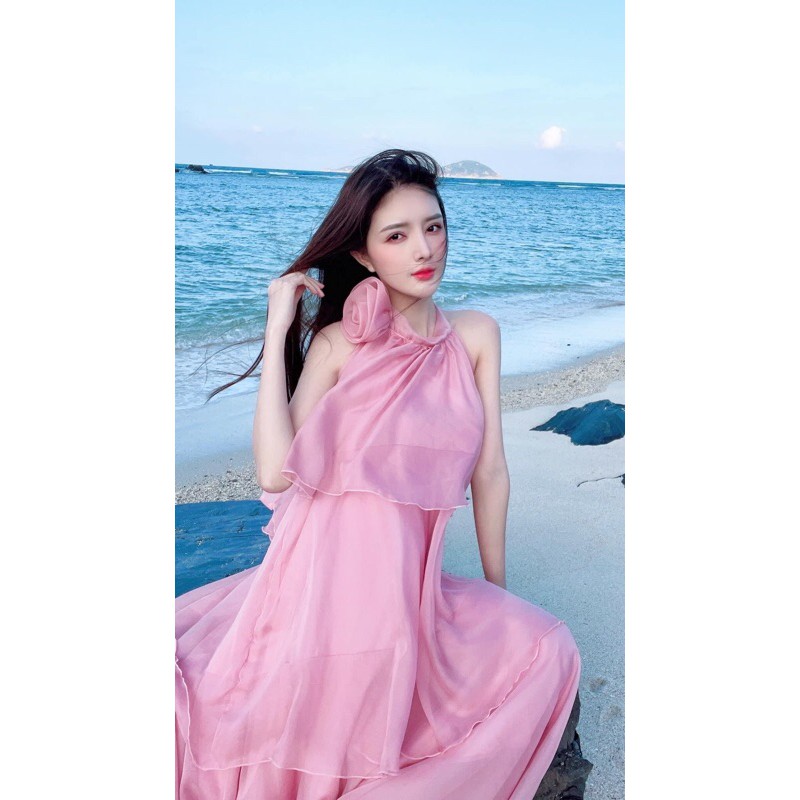 [🌸Sẵn] Đầm maxi loại 1 chất tơ màu hồng 4 tầng hở lưng - pink silk maxi dress with open back