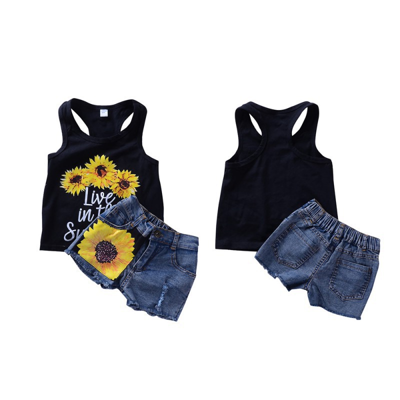 Set áo thun 3 lỗ &amp; quần short in hoa hướng dương cho bé gái