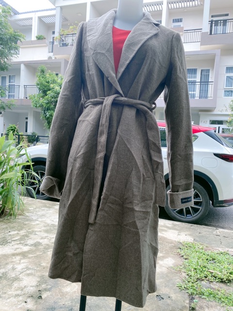 Áo khoát dạ ép dáng dài màu xám cột eo