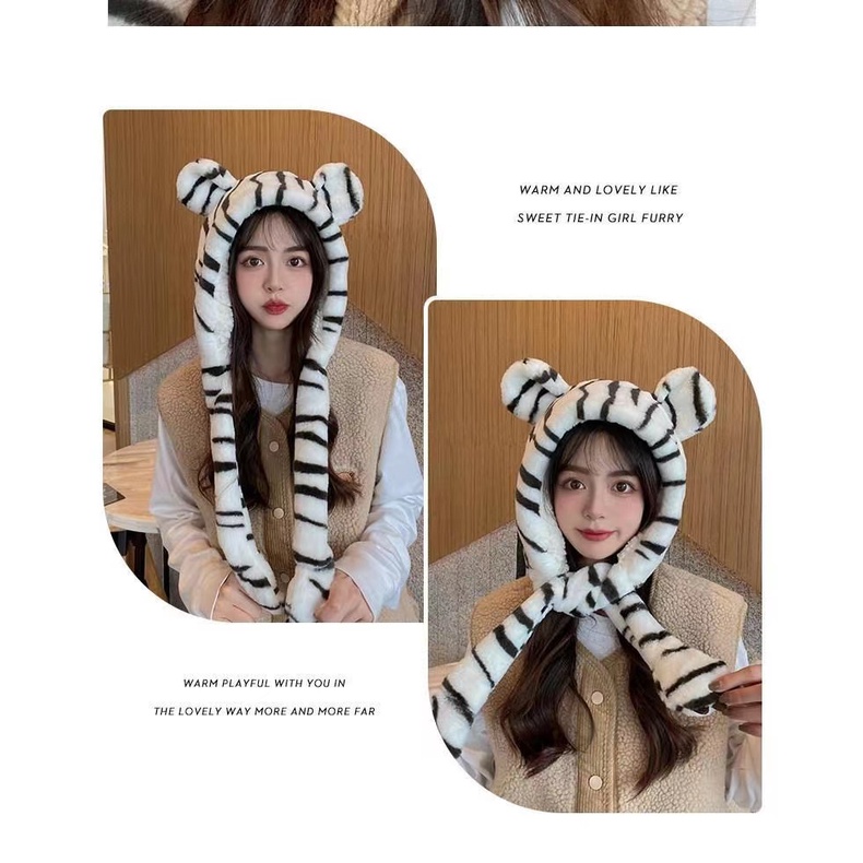 Mũ Trùm Đầu Kèm Khăn Choàng Cổ Che Tai Hình Đầu Hổ Dễ Thương Thời Trang Mùa Đông Cho Mẹ Và Bé