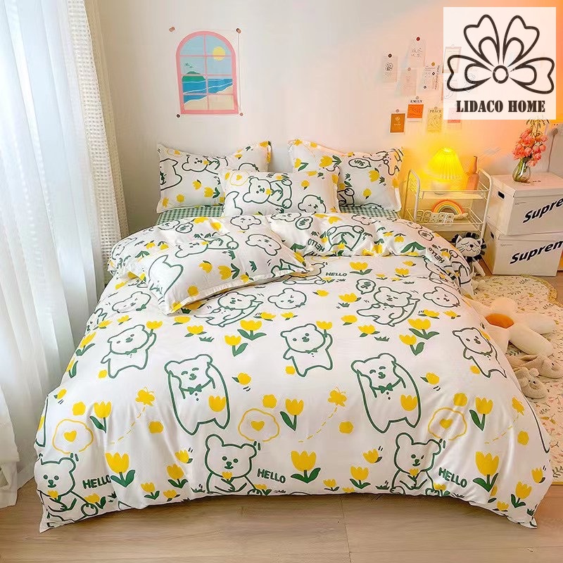 Bộ chăn ga gối cotton poly Lidaco decor phòng ngủ vintage - Gấu tulip vàng (SP001455)