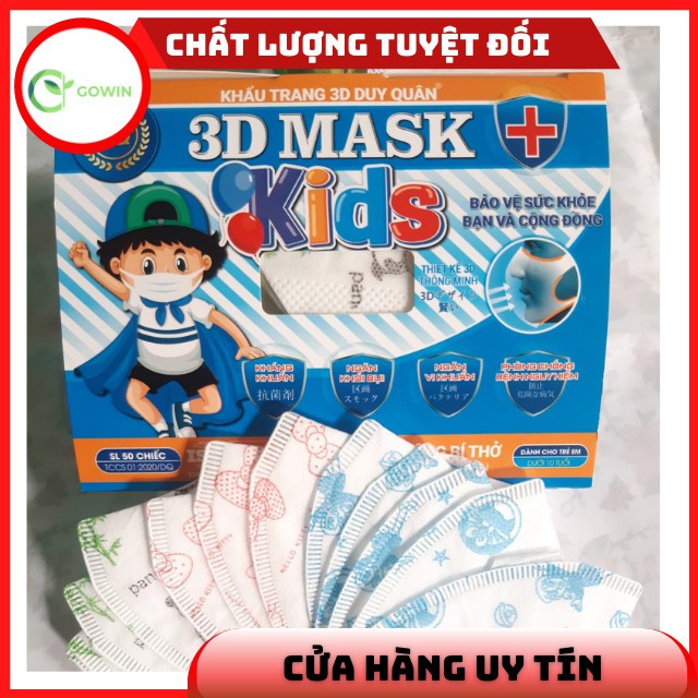 Khẩu Trang 3D Kids Trẻ Em Mask Duy Quân Họa Tiết Dễ Thương Y Tế Xuân Lai Hộp 50 Chiếc Bền