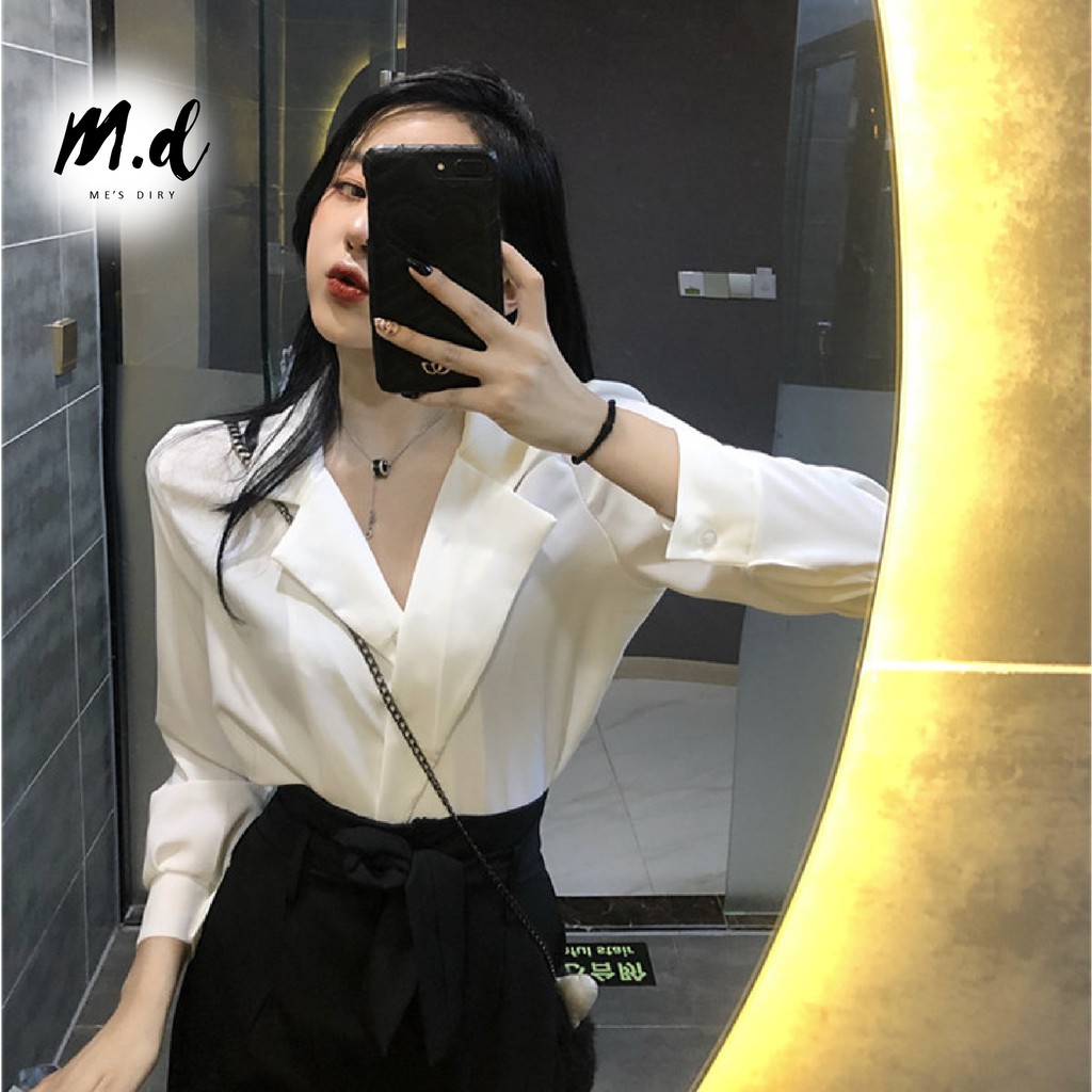 Áo sơ mi lụa nữ đẹp, cổ vest, công sở, kiểu Hàn quốc cao cấp, màu trắng, đen MDshop official store