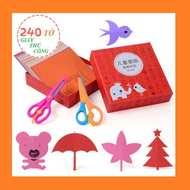 Bộ cắt giấy gồm những 240 tờ giấy màu in sẵn hình con vật,tặng 2kéo