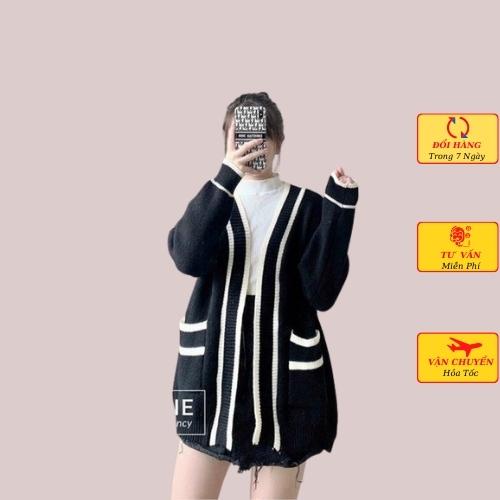 Áo cardigan len nữ oversize dáng dài phom rộng viền đen trắng ulzzang Hàn Quốc mùa thu đông