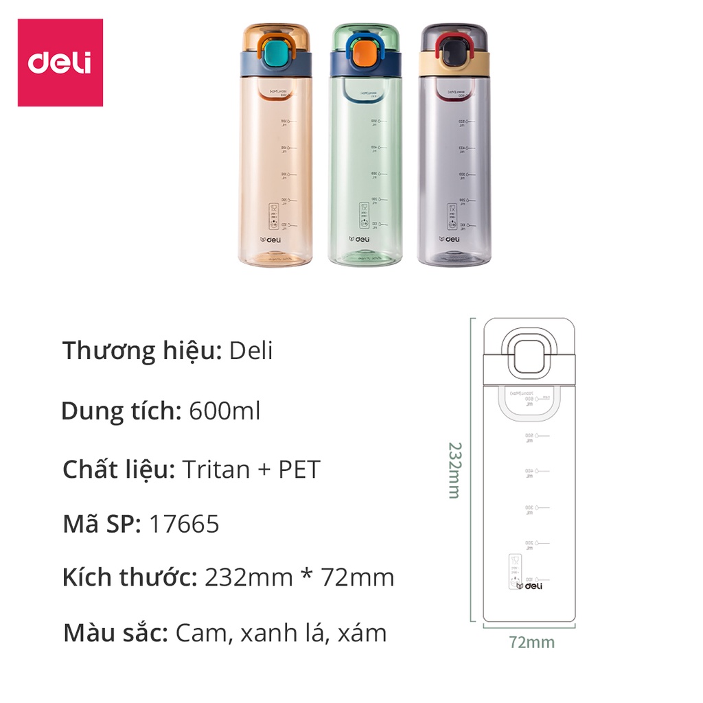 Bình nước thể thao nhựa tritan BPA free an toàn Deli 600ml dung tích khóa chốt chống rò rỉ nước, bình nước trẻ em