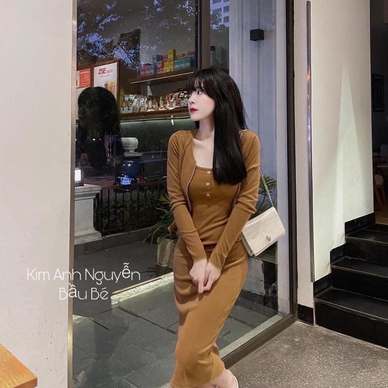 VN542 - SET VÁY LEN TĂM 2S CÚC NGỰC MIX ÁO CARDIGAN