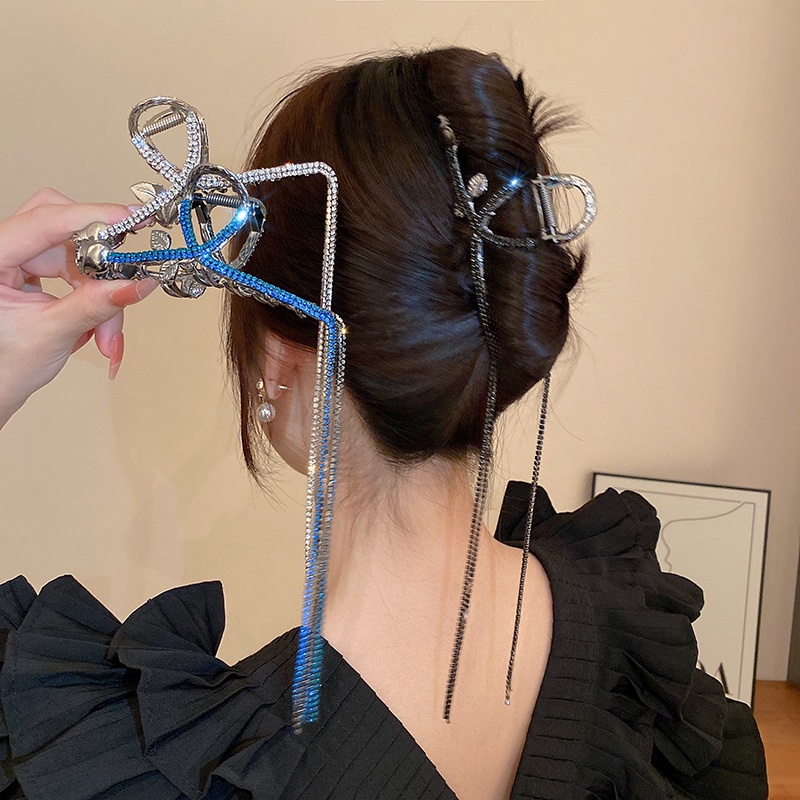 Kẹp Tóc Tua Rua Dáng Dài Hình Hoa Hồng Đính Kim Cương Giả Sang Trọng