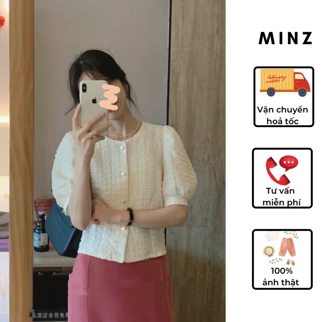 Áo Sơ Mi Công Sở Nữ MINZ STORE Mã 1050 Dáng Lửng, Thiết Kế Tay Bồng Phong Cách Hàn Quốc
