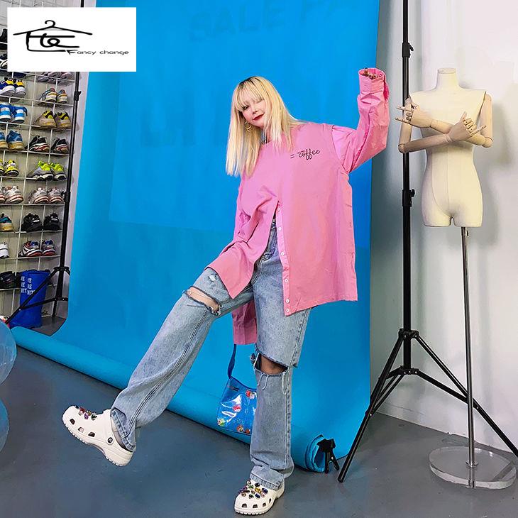 Hàng Có Sẵn Bán Chạy~Quần Jean Rách Hai Lỗ Rách Dáng Ôm Phong Cách Hàn Quốc Thời Trang Đường Phố Dễ Phối Đồ Cho Nữ