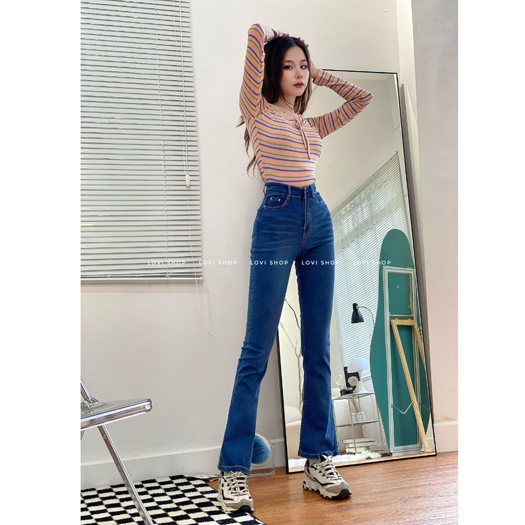 Áo croptop thun gân tay dài kẻ sọc cột nơ thời trang Lovi