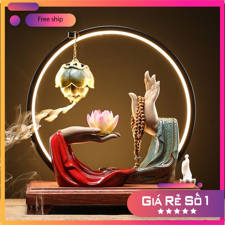 Bộ Tượng Tay Phật Quan Thế Âm Bồ Tát Bộ Tượng Phật Bà Quan Âm có vòng đèn LED sáng