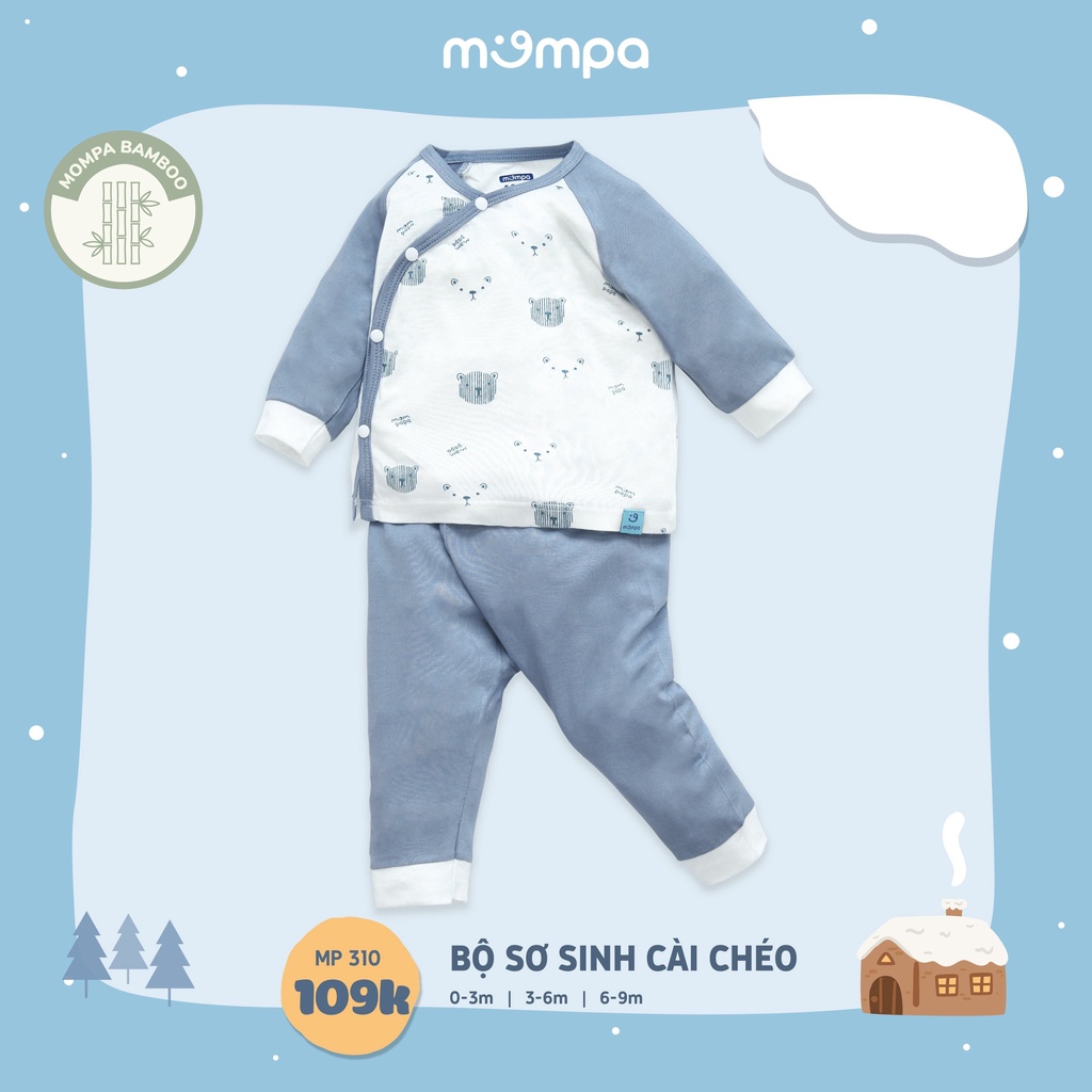 Quần áo sơ sinh Mompa 0-9 tháng cài chéo dài tay thu đông vải sợi tre mềm co giãn cúc bấm 310