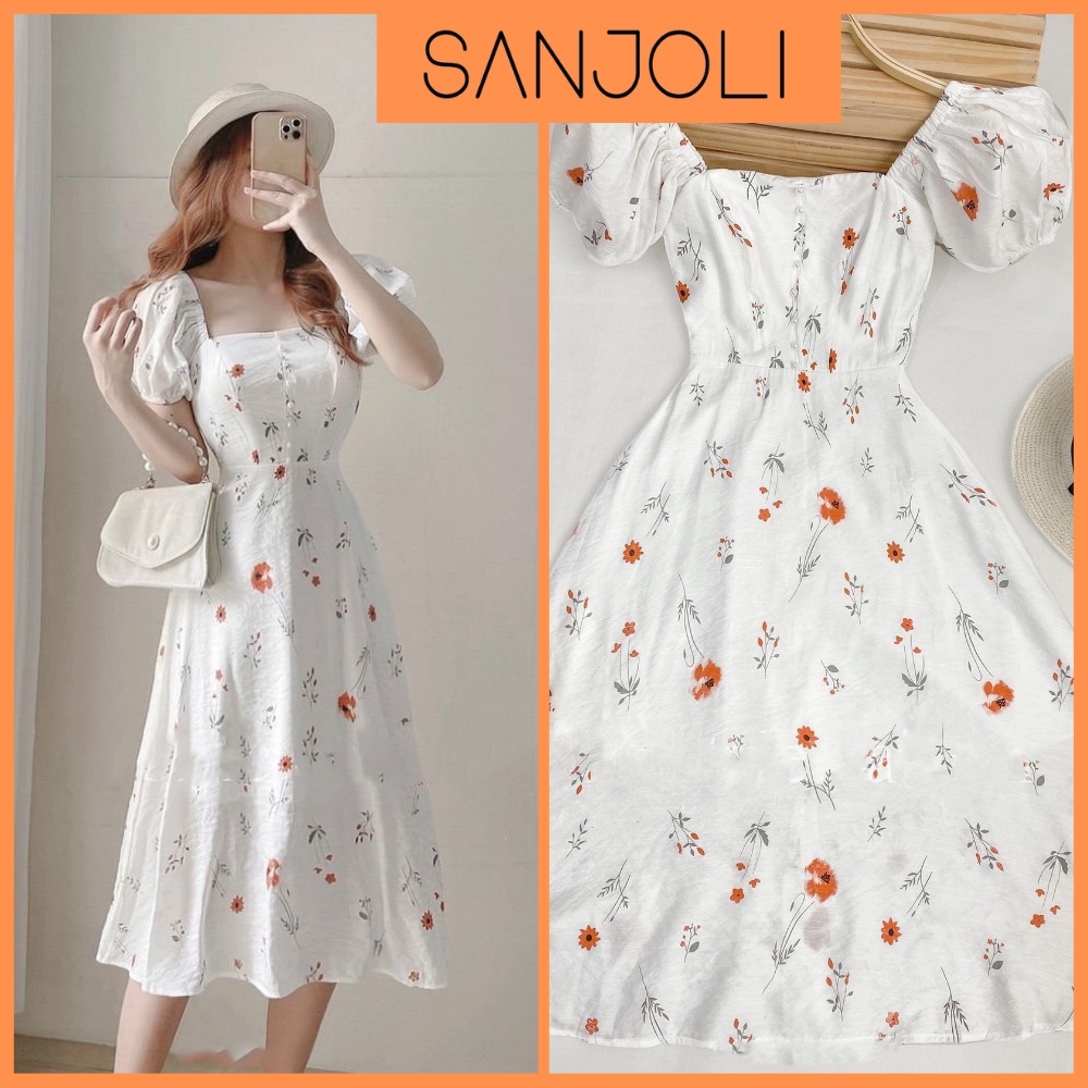 Đầm dự tiệc SANJOLI váy hoa nhí công sở cổ U dáng xòe màu trắng trễ vai, tay dáng phồng nhẹ nhàng Vintage VD050