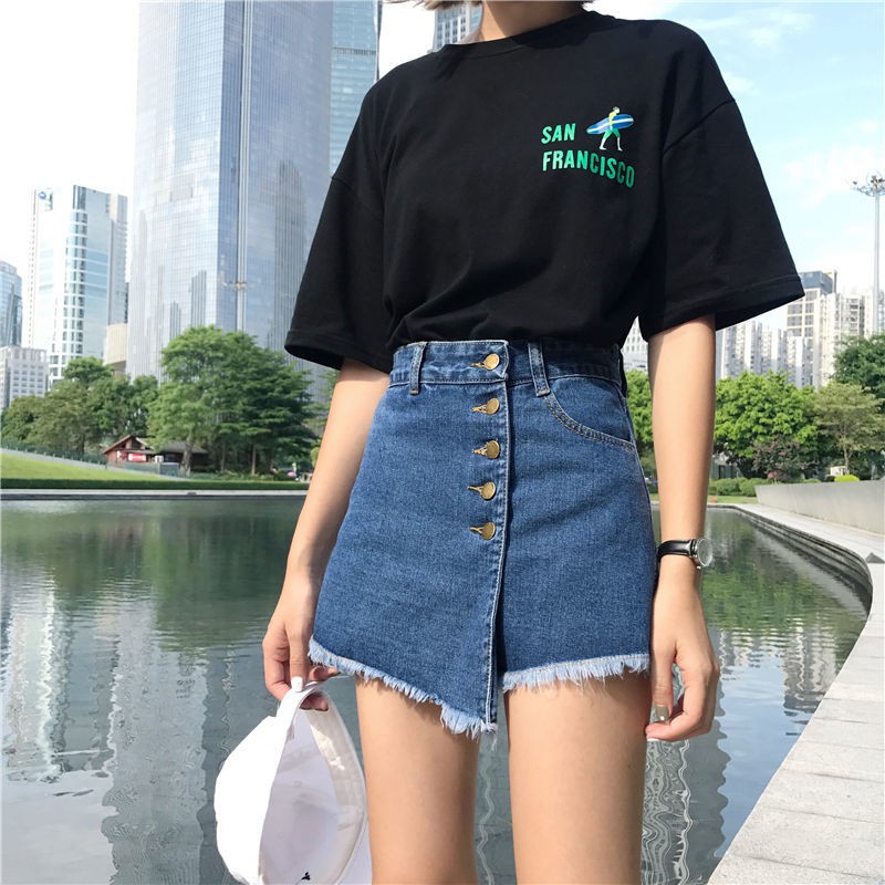 Summer high-waist denim shorts female Korean version loose student raw-edged skirt pants large size wild wide-leg hot t