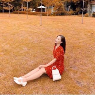 Đầm xoè hoa đỏ, tím đắp chéo đuôi cá (ảnh thật)