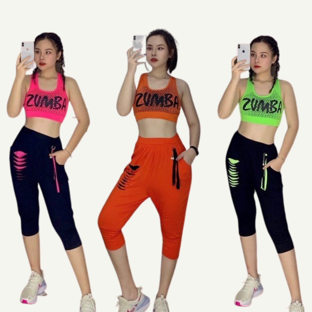 Bộ Đồ Tập Zumba-Aerobic-Gym ⚡𝗠𝗔̂̃𝗨 𝗠𝗢̛́𝗜 𝗛𝗢𝗧 𝗛𝗜𝗧️⚡Bra Zumba & Quần lửng Zumba rách cho tập Gym, Zumba, Aerobic