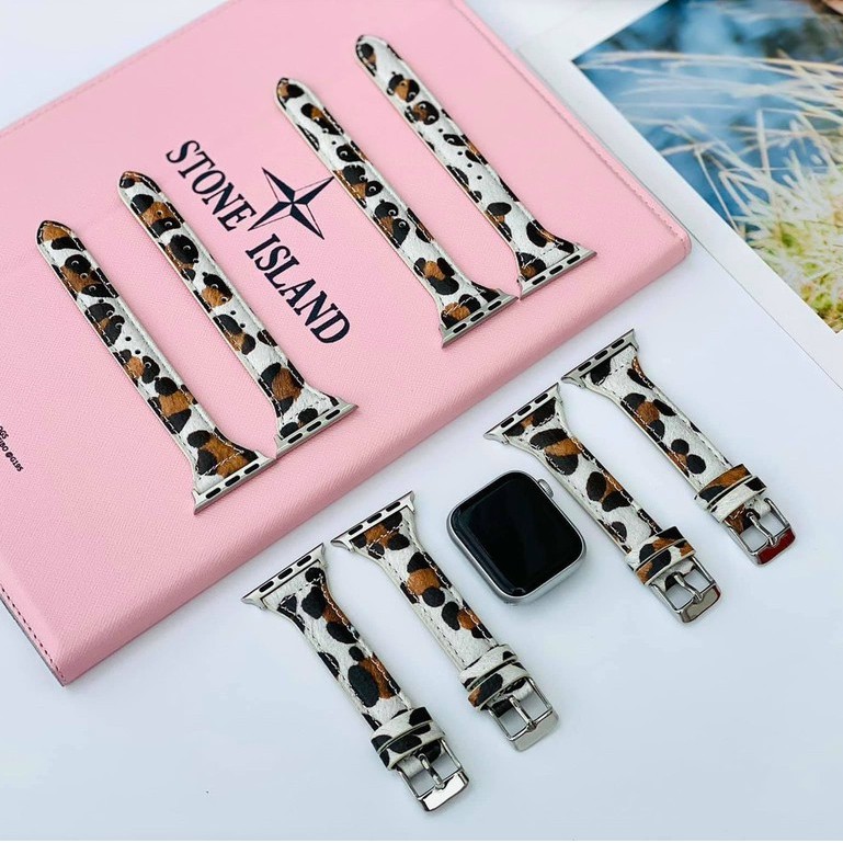 Dây da bản nhỏ, case ốp Apple Watch họa tiết da báo dành cho nữ size 38/40mm 42/44mm