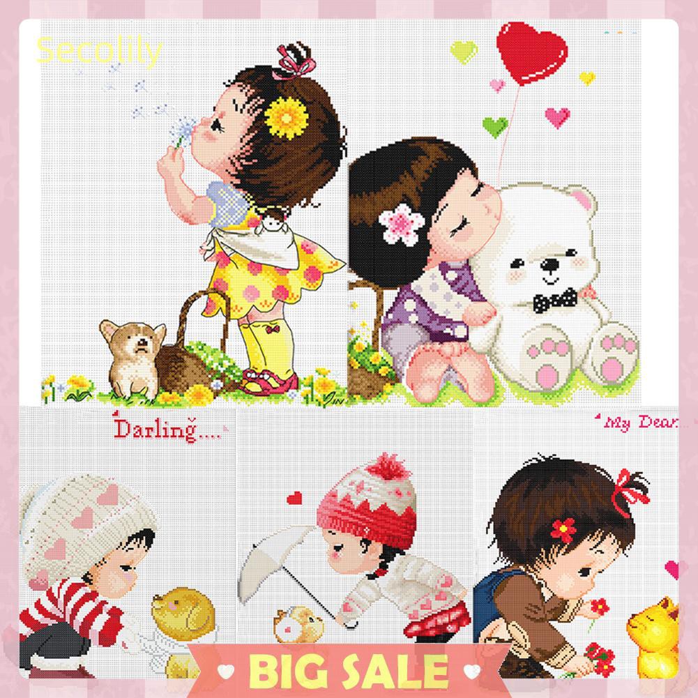 Tranh vải canvas thêu chữ thập hình bé gái và động vật dễ thương trang trí nhà ở 11Ct