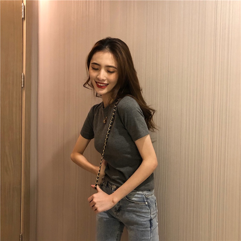 SUXI Áo Thun Tay Ngắn Cổ Tròn Màu Sắc Đơn Giản Phong Cách Hàn Quốc Cho Nữ