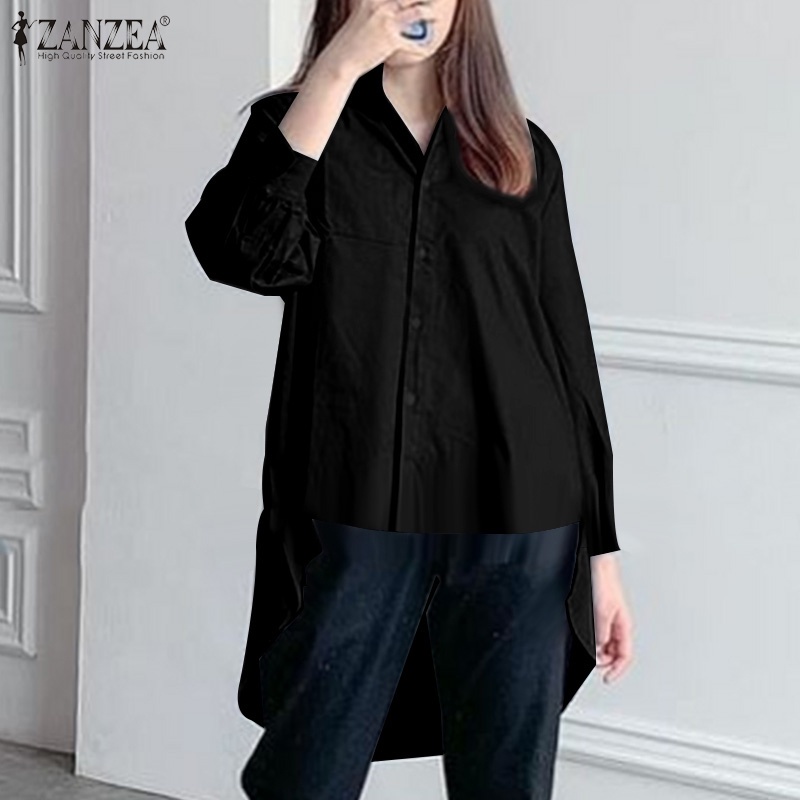 Áo ZANZEA dáng rộng cổ bẻ màu trơn gài nút phía trước dễ phối đồ mặc hằng ngày cho nữ