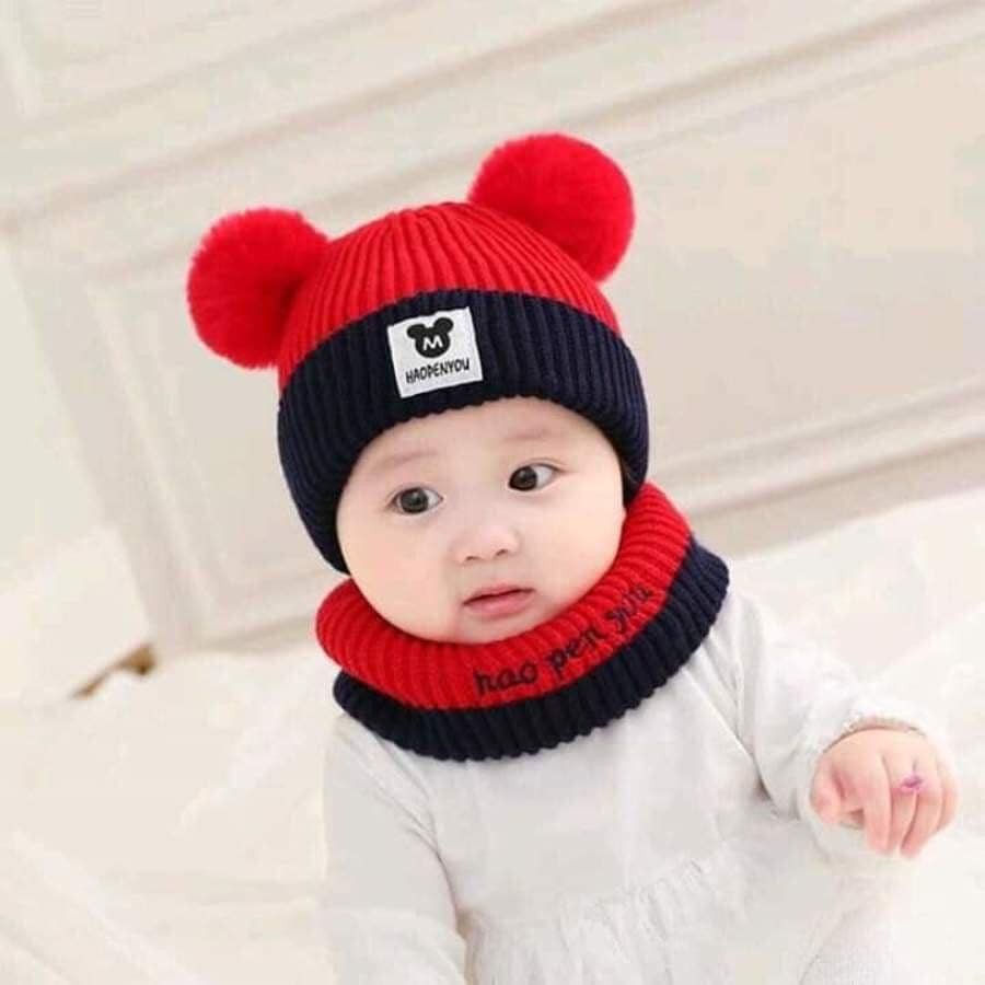 Set mũ kèm khăn len ống lót nỉ siêu ấm không bị ngứa đầu cho bé từ 1 tuổi đến 3 tuổi-giadungsieure