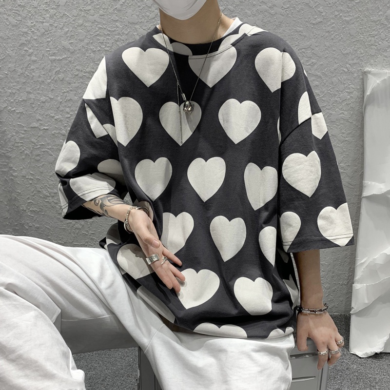 Áo Thun Nam Tay Ngắn In Hình Trái Tim Trẻ Trung