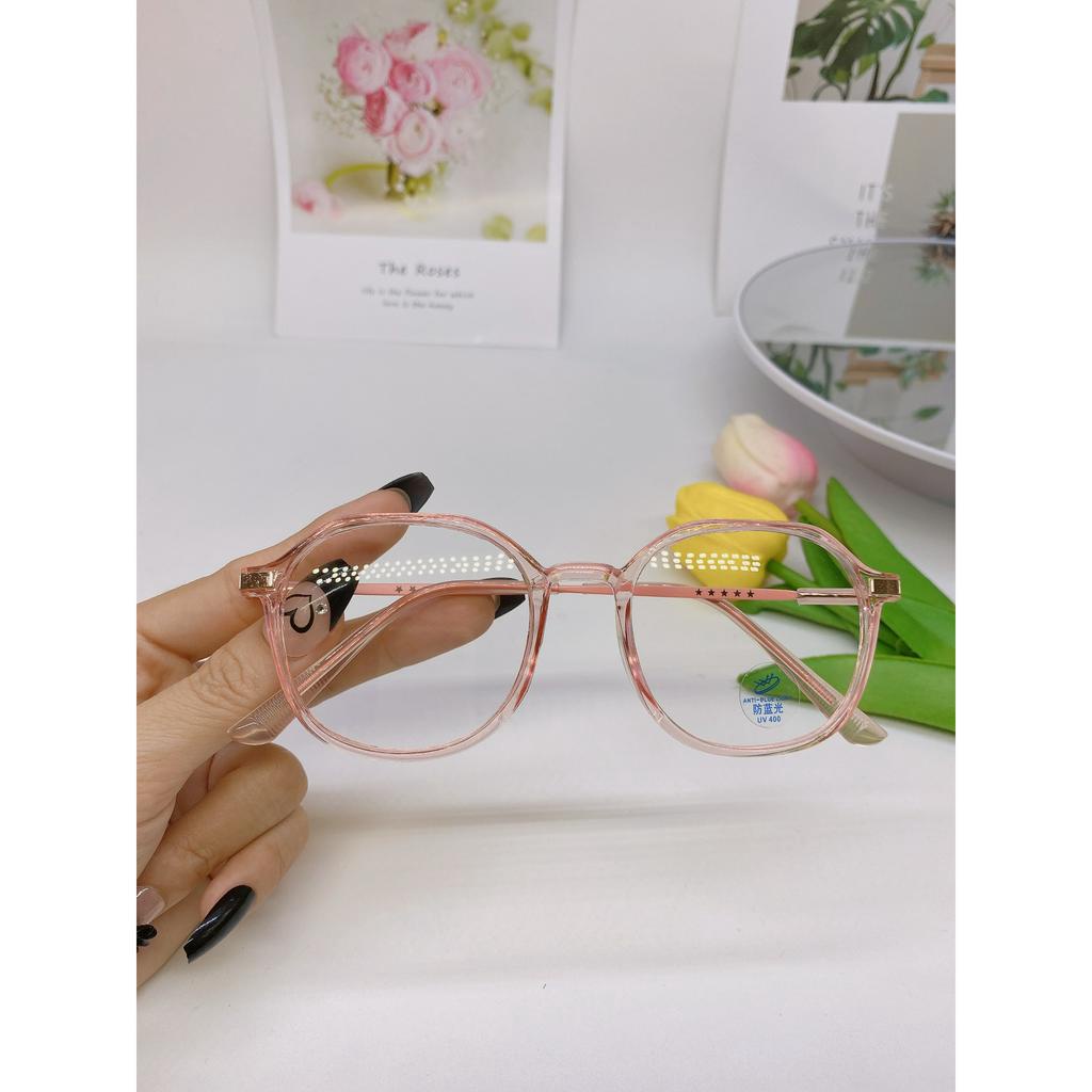 Mắt kính nữ nam trong suốt chống ánh sáng xanh Uv400 gọng kim loại thời trang giả cận mã 2053- tặng bao da khăn lau