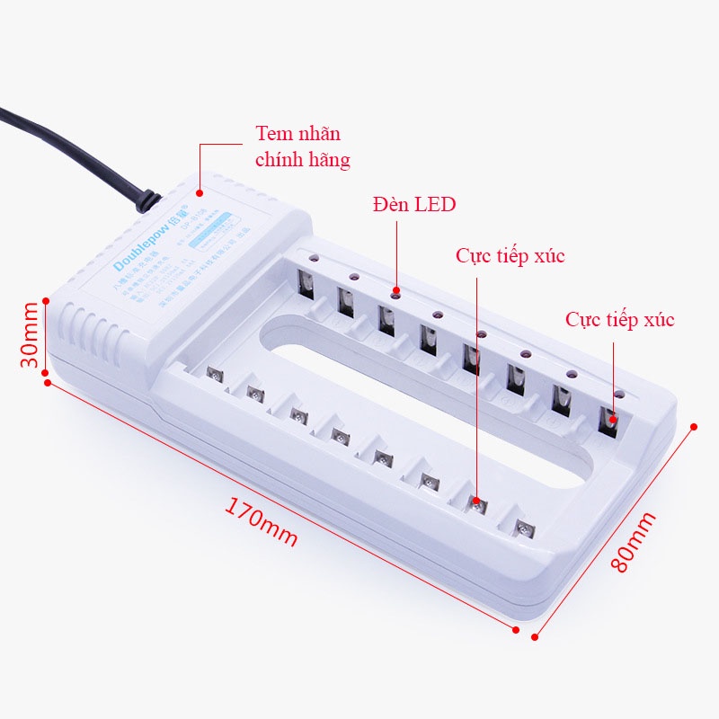 Bộ sạc pin tiểu AA AAA 8 cổng Doublepow DP-B108 - Sạc pin tiểu đa năng Nimh Nicd tiêu chuẩn