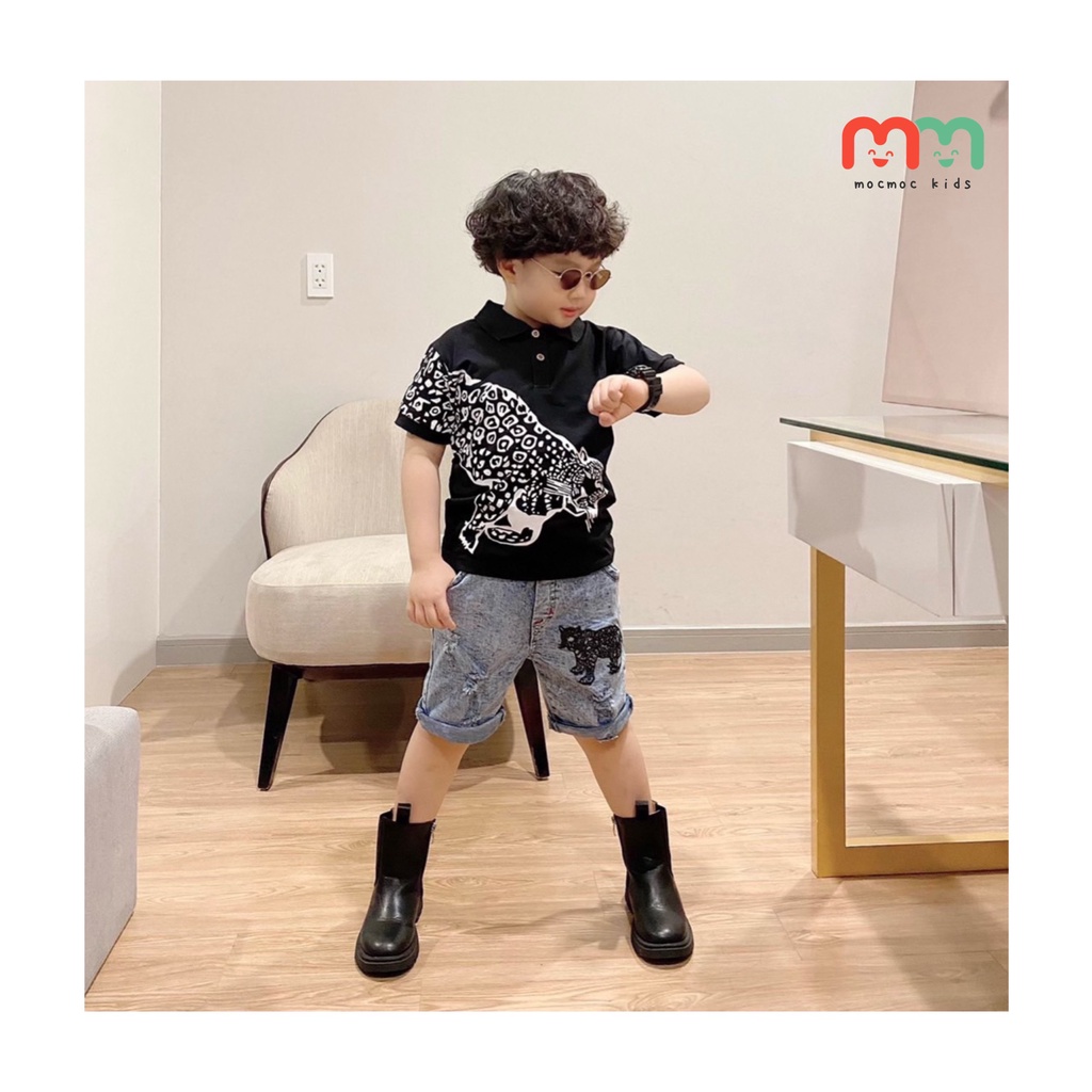 Set đồ bé trai phong cách Hàn Quốc cao cấp áo thun polo quần short jeans co dãn thấm mồ hôi tốt cho bé 9kg đến 43kg
