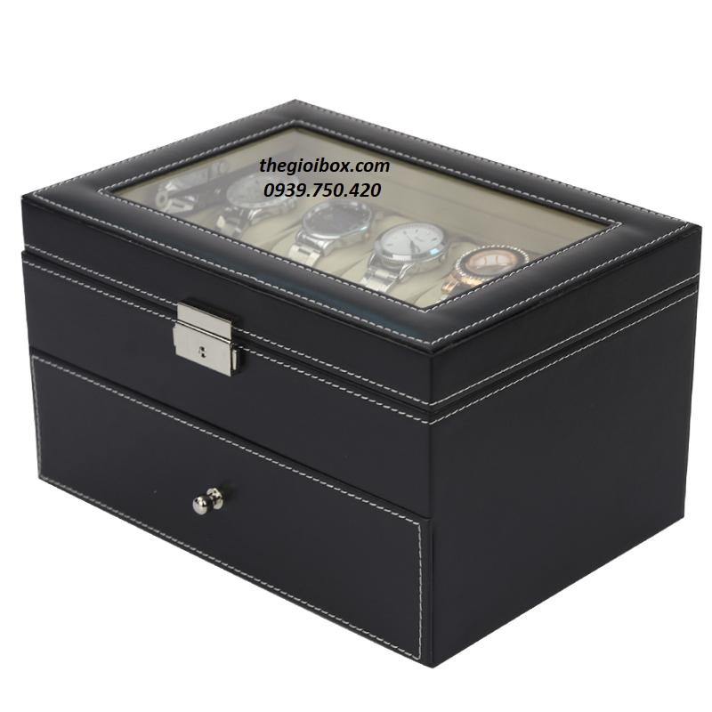 Hộp Đựng 10 Đồng Hồ Và 5 Mắt Kính 2 Tầng - Vỏ Da - Có Nắp Kính Trong Suốt Chống Bụi Bẩn